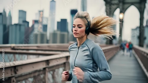 Woman jogging on a city bridge, focused and determined workout.