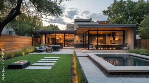 Modern residential architecture featuring a pool and manicured backyard at dusk
