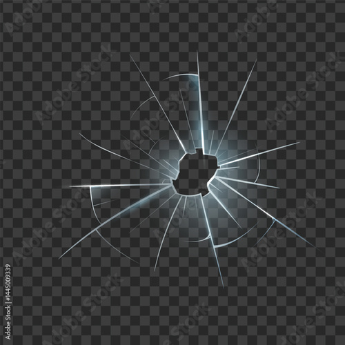 Broken glass shatter and hole, vector realistic screen cracked effect on transparent background, shattered window splits