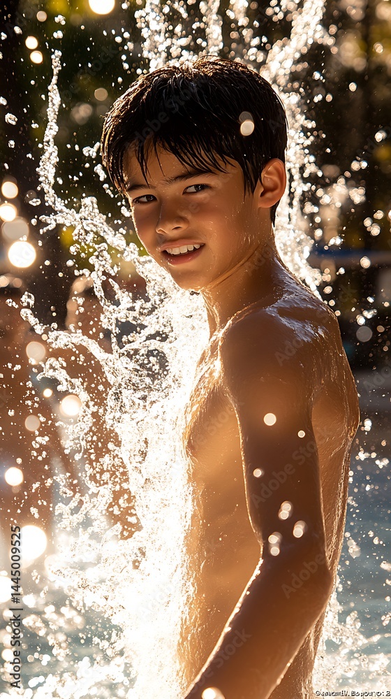 Obraz premium Boy smiles, drenched in splashing water