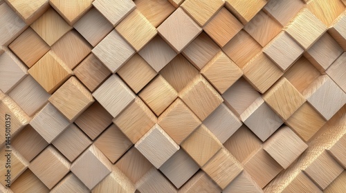 Fototapeta Naklejka Na Ścianę i Meble -  Soft sheen, Natural Mosaic Tiles arranged in the shape of a wall. Diamond Shaped, 3D, Blocks stacked to create a Wood block background. 3D Render.