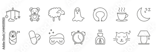 Sleep And Relaxation Line Icon Set. Bedtime Routine, Comfort, And Restful Sleep Outline Symbol Collection. Baby Mobile, Teddy Bear, Sleep Mask And More. Editable Stroke. Isolated Vector Illustration