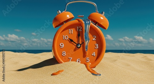 Melting clock on a beach with ocean background