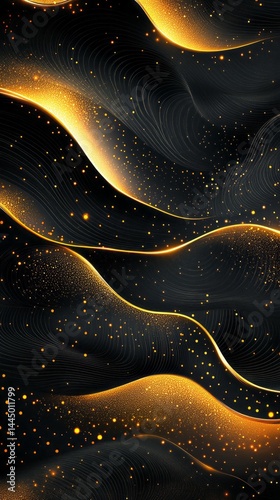 An intricate illustration displays stunning golden wave patterns illuminating a deep black backdrop, ideal for high-end invitations to exclusive events and gatherings