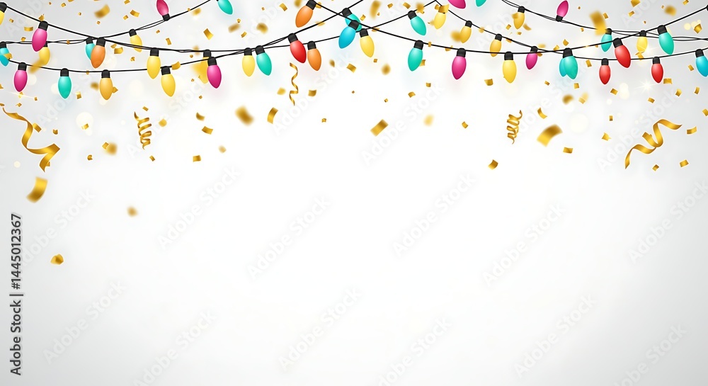 Fototapeta premium Colorful String Lights and Gold Confetti on White Background