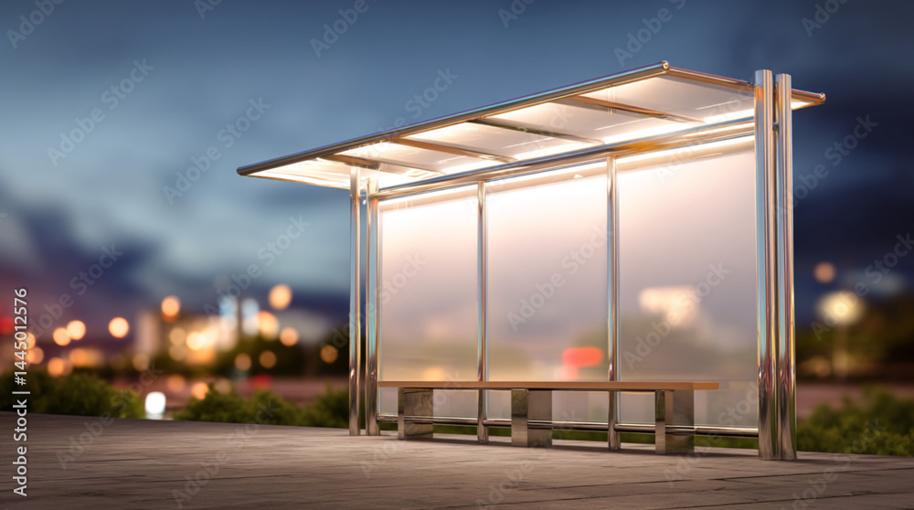 Fototapeta premium Modern Bus Stop Shelter in Urban Environment with Blurred Background and Clear Sky with copy space for text 