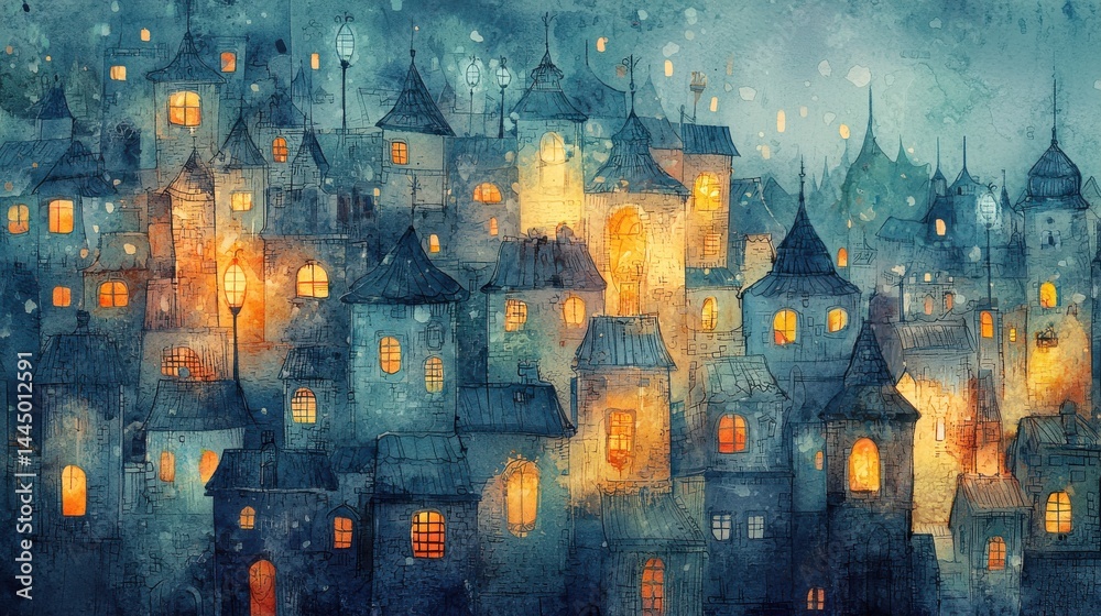 Obraz premium Watercolor Village Scene at Dusk with Illuminated Windows and Soft Light