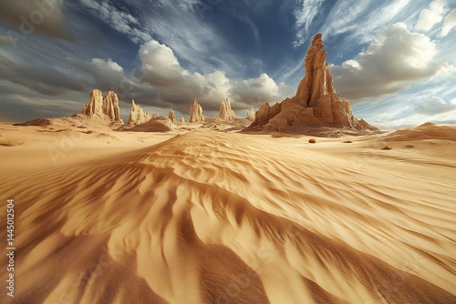 Ultra realistic desert terrain intricate patterns of wind blown sand rugged rock spires and a vast cloudless sky to evoke the stark beauty of nature