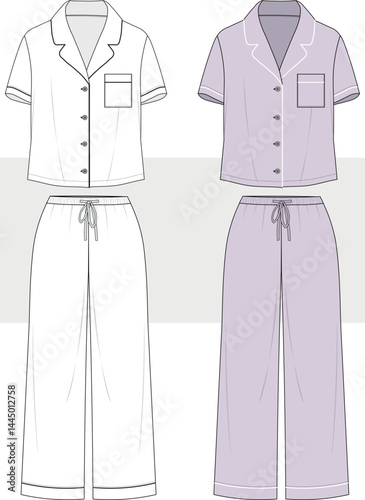 Women's pajamas notch collar top and relaxed fit pants set fashion drawing, technical flat sketch illustration. Nightwear, home wear , lounge wear set for women. Cad, Mockup. 