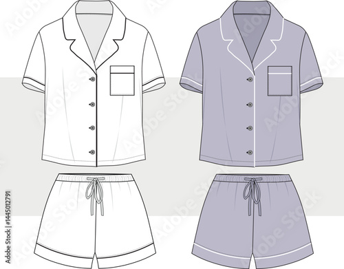 Women's pajamas notch collar top and short set fashion drawing, technical flat sketch illustration. Nightwear, home wear , lounge wear set for women. Cad, Mockup. 

