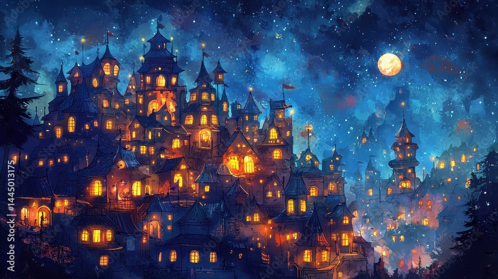 Whimsical Cartoon City at Night with Glowing Windows and Starry Sky Surrounded by Trees Whimsical Cartoon City at Night with Glowing Windows and Starry Sky Surrounded by Trees