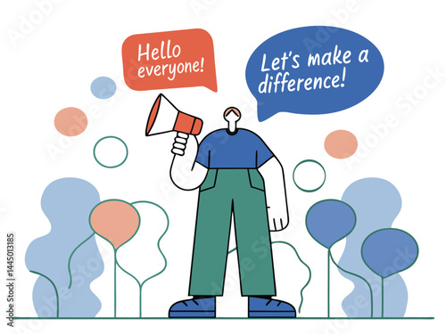 Speak Out Icon – Businesswoman Using Megaphone with Speech Bubble Representing Communication, Announcement and Public Message, public speaking man speaking through a megaphone