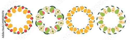 Circular fruit frame set with pears design and copy space. Hand drawn doodle border. Suitable for summer posters, banners, invitations, packaging, and branding.	