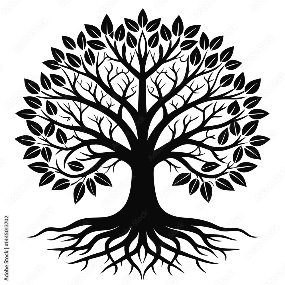 Obraz premium Silhouette Tree of Life with Roots and Leaves, Black Isolated on White Background