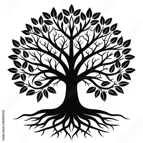 Silhouette Tree of Life with Roots and Leaves, Black Isolated on White Background