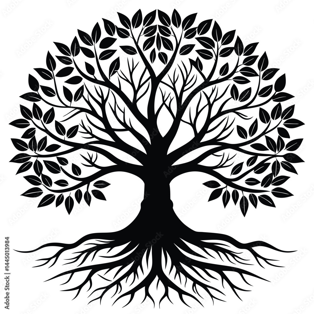 Obraz premium Silhouette Tree of Life with Roots, Branches, and Leaves Black and White Isolated