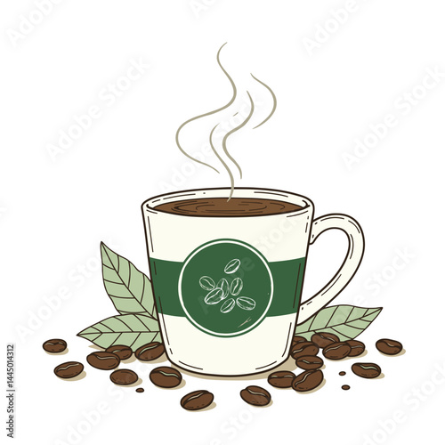 Coffee cup with steaming drink and coffee beans on white background