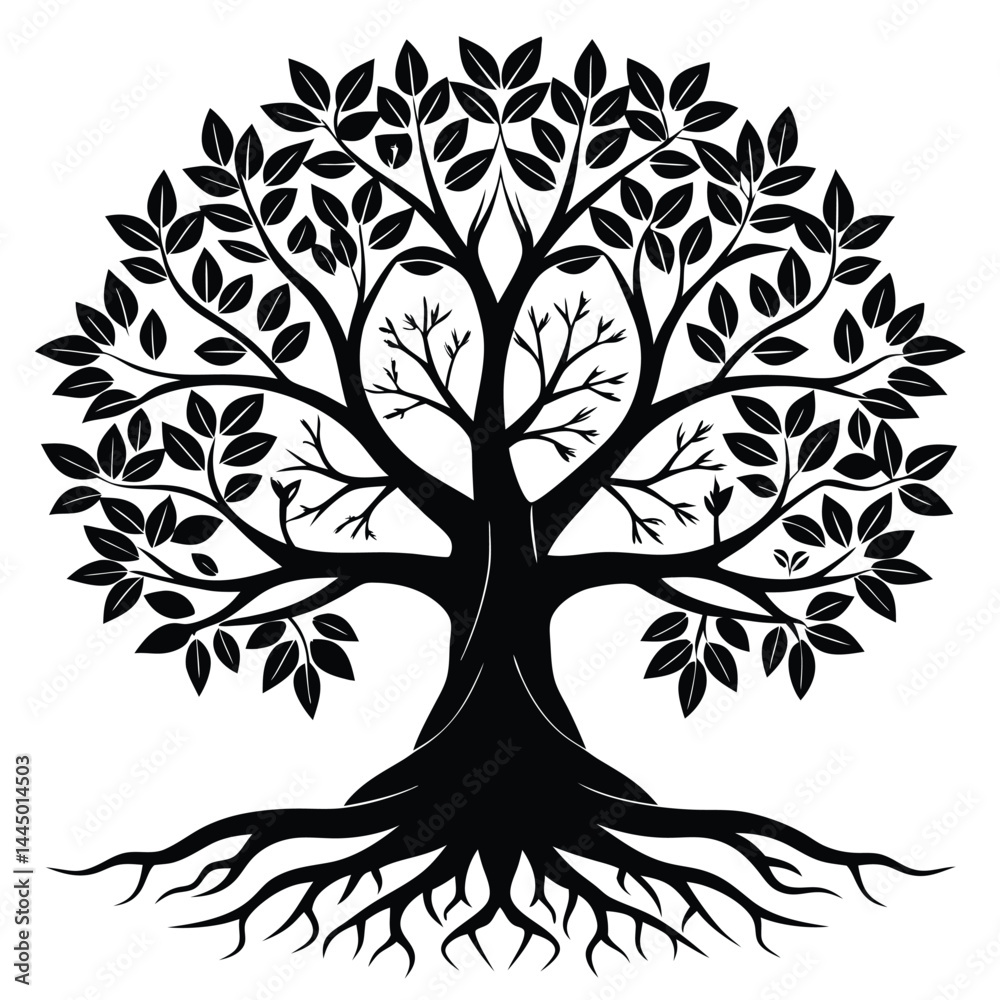 Obraz premium Silhouette Tree with Roots and Leaves, Black and White Mystical Tree Design