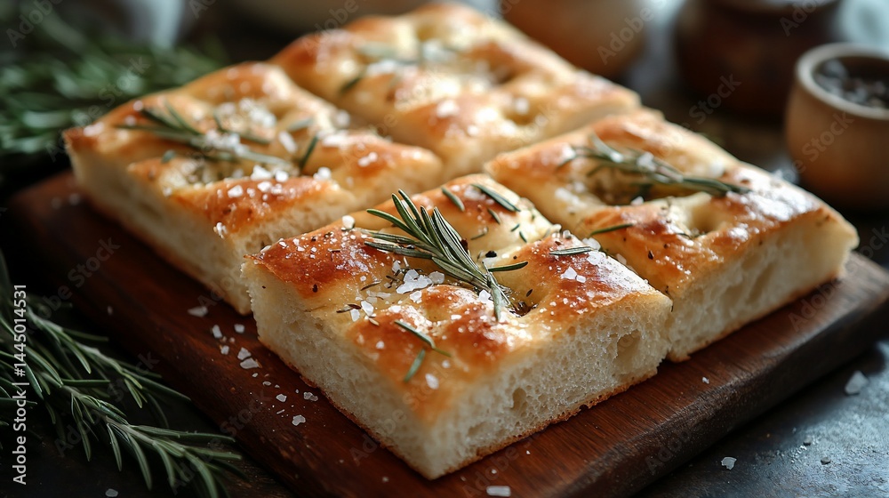 Square focaccia with rosemary and salt on a wooden board, closeup food shot Square focaccia with rosemary and salt on a wooden board, closeup food shot