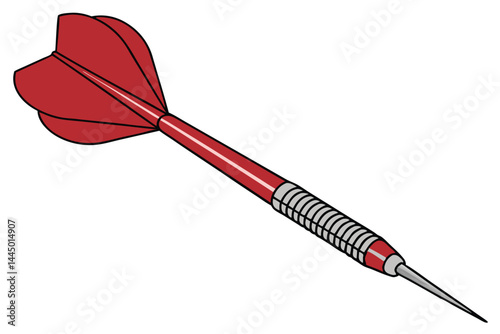 27 Red dart, precision target, metallic needle, aerodynamic design, glossy finish, sporting equipment, competitive game, sharp point, plastic flights, throwing implement, 3D rendering, isolated on whi