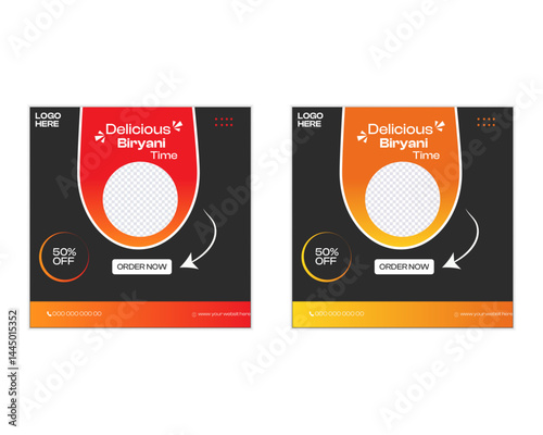 Biryani Social Media Post Design.Delicious chicken biryani social media post design template, food social media promotion banner..Food social media banner design template. Biryani Kebabs social media 