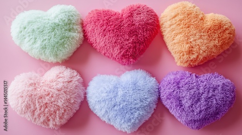 Colorful furry heart-shaped cushions on pink background. Romantic decor, vibrant style, soft textures. Perfect for Valentine's Day, kids' rooms, or playful interiors.