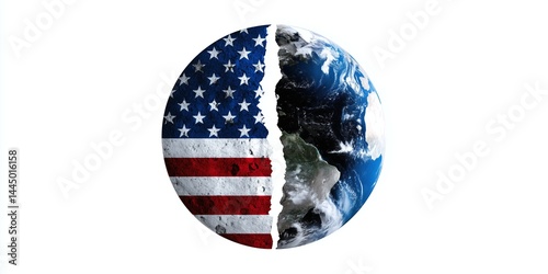 Conceptual image of earth divided, highlighting the united states flag and the world map, symbolizing global political and environmental challenges