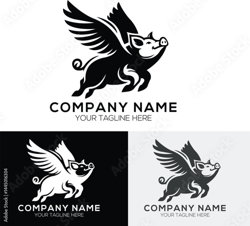 Flying pig logo design, Animal mascot branding template, Flying pig logo with white, black and gray background.