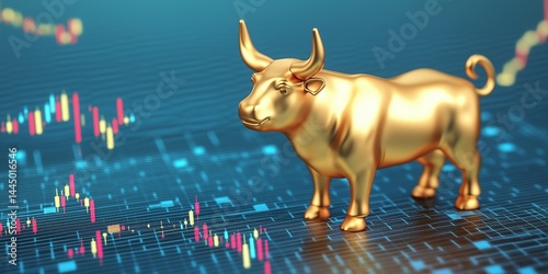 Golden bull statue standing on stock market chart, representing a bull market in the financial world