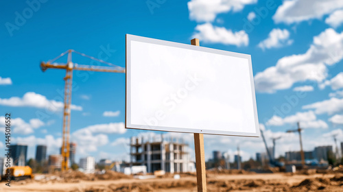 Blank Construction Site Signboard Under Sunny Sky Cranes and Buildings