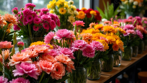 Wallpaper Mural Vibrant flower arrangements in florist shop showcasing colorful blooms in vases and bouquets with natural daylight, concept of floral design, wedding decor, garden center.  Torontodigital.ca