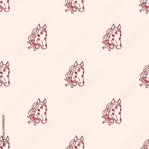 Seamless pattern with silhouette of horse head with coquette bow ribbon and flowers. Trendy background with whimsical animal. Vintage hand drawn red ink backdrop. Wild West or  y2k aesthetic