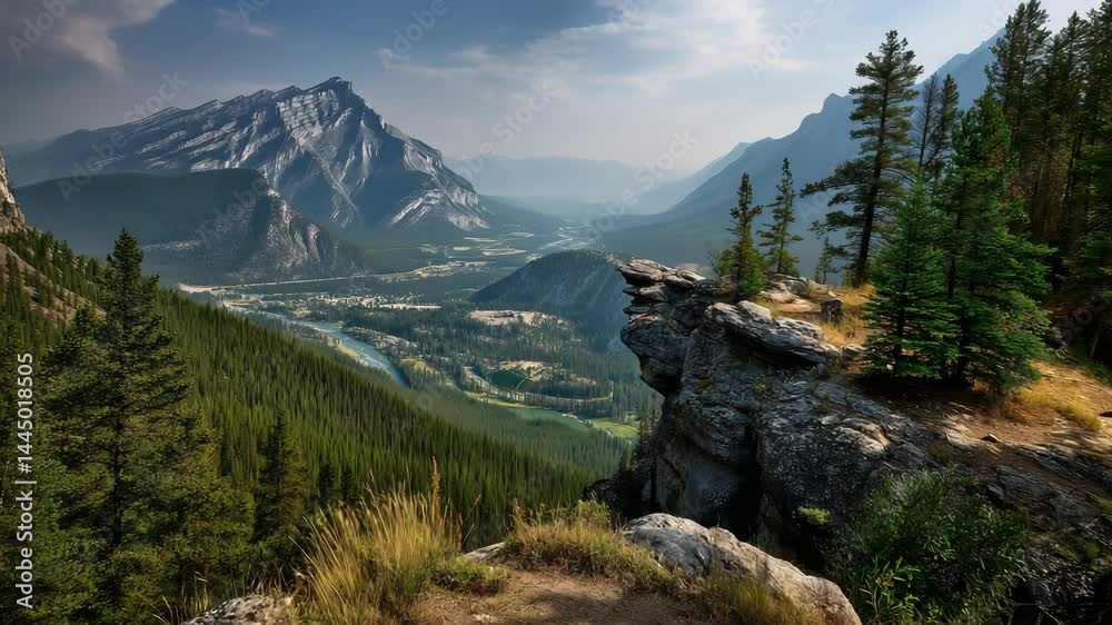 Majestic mountain range landscape with coniferous forest valley under a blue partly cloudy sky, scenic overlook with rock formations and grasses foreground