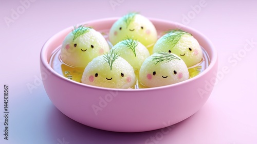 Humorous dumplings garnished with dill resting in pink ceramic bowl