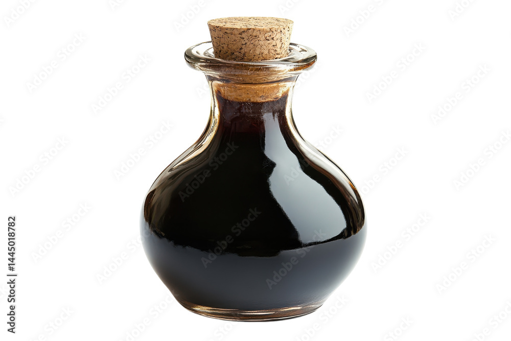 Rich dark balsamic vinegar in a glass bottle with cork stopper studio shot against white background Rich dark balsamic vinegar in a glass bottle with cork stopper studio shot against white background