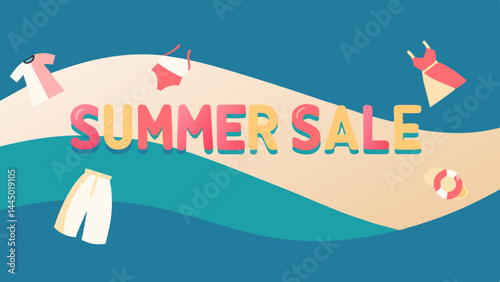 Summer sale banner with beach accessories on abstract waves