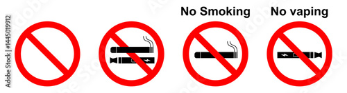 No Smoking and Vaping Allowed Signs. Cigarette and E-Cig Prohibition Symbols. Smoking Area Vector Illustration.