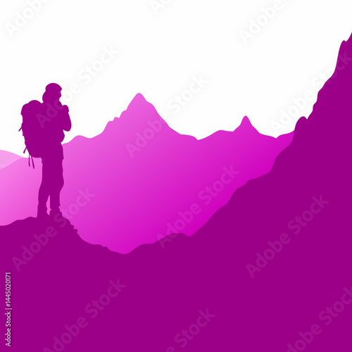 Hiker silhouette contemplating on mountain ridge against purple background  