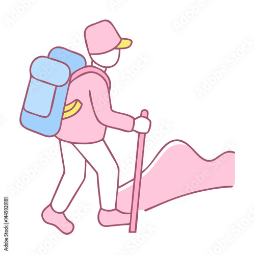 Hiker with backpack trekking on a trail in a minimalist style  