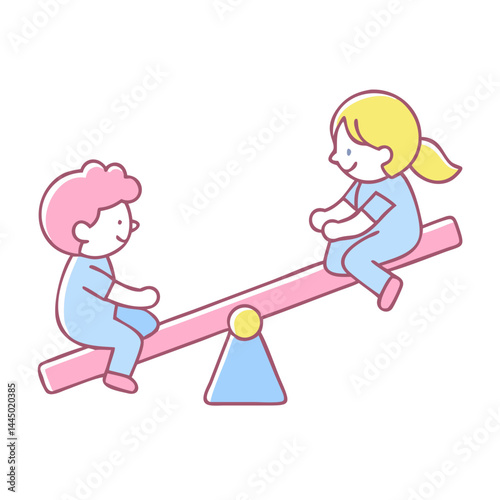 Kids Playing on Seesaw with Smiles Against a White Background  