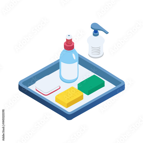 Isometric cleaning kit with detergent, sponge, and spray bottle  