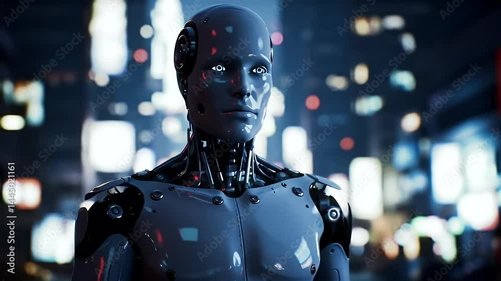 Futuristic Robot Standing Still in Urban Cityscape at Night Futuristic Robot Standing Still in Urban Cityscape at Night