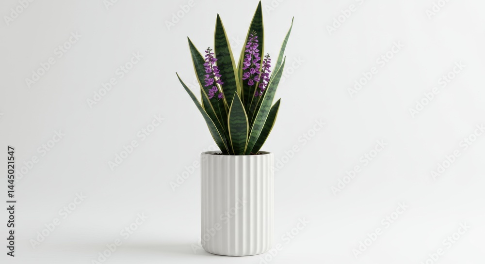 Snake Plant and Purple Flower in White Pot Snake Plant and Purple Flower in White Pot