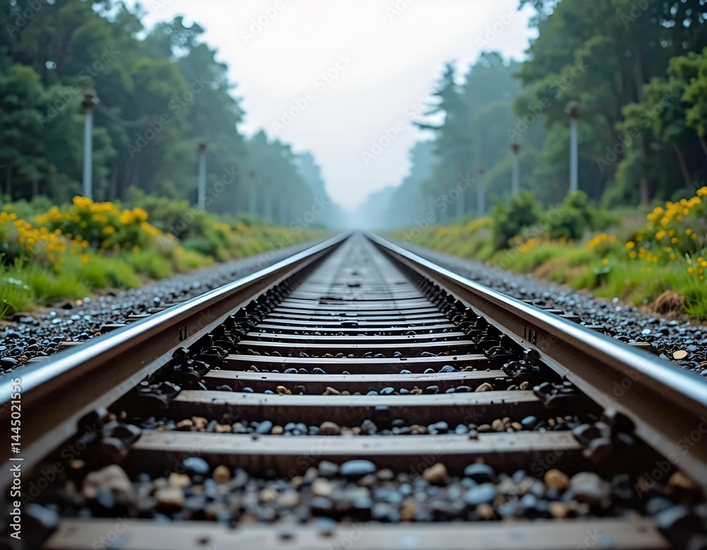 Fototapeta premium railway tracks through green landscape stretching into distance