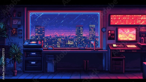 Pixel art office with city view
