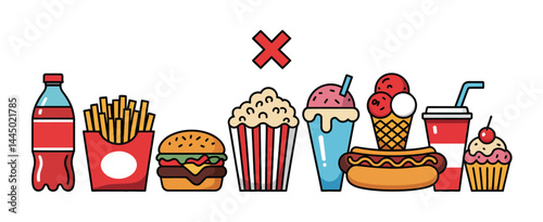 Unhealthy Junk Food Illustration with a Red X