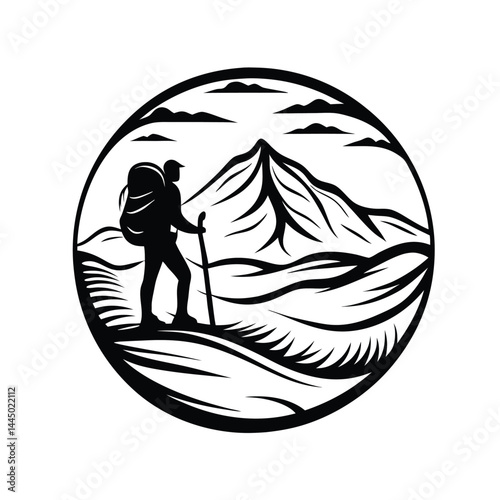 Mountain Trekker Silhouette, Hill Landscape, Nature Adventure, Backpacking, Outdoor Circle
