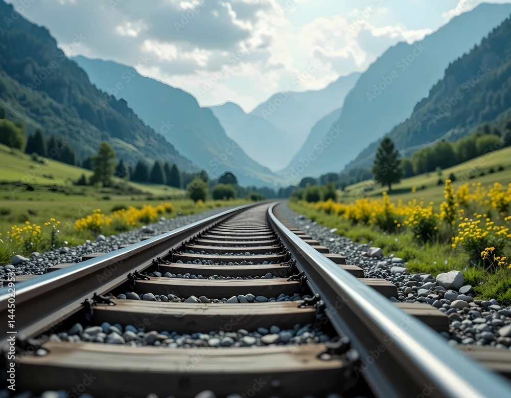 Fototapeta premium railway tracks through green valley with mountains and wildflowers under cloudy sky 