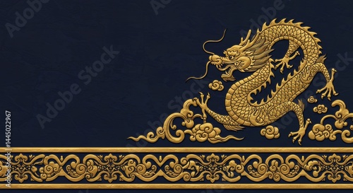 Gold dragon design on dark blue background