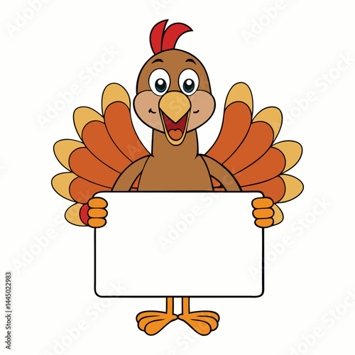 A cheerful Thanksgiving turkey holding a blank board, ready to display a festive message, with vibrant feathers and a welcoming expression, capturing the holiday spirit.